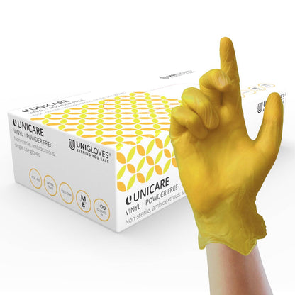 Unicare Yellow vinyl examination gloves Box of 100 - UKMEDI - UK MEDICAL SUPPLIES