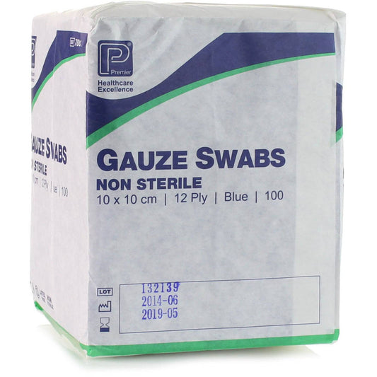 10 x 10cm 12ply Premier Blue Cotton Gauze Swabs Pack of 100